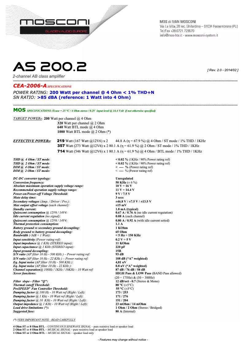 Página 1 del manual Ficha técnica Mosconi AS 200.2