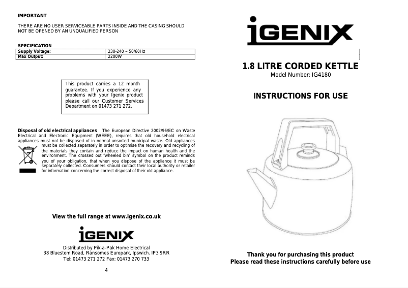 Image de la première page du manuel de l'appareil IG4180