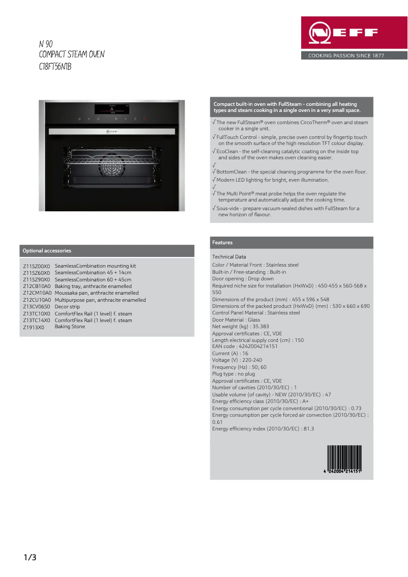 Page 1 de la notice Fiche technique Neff C18FT56N1B