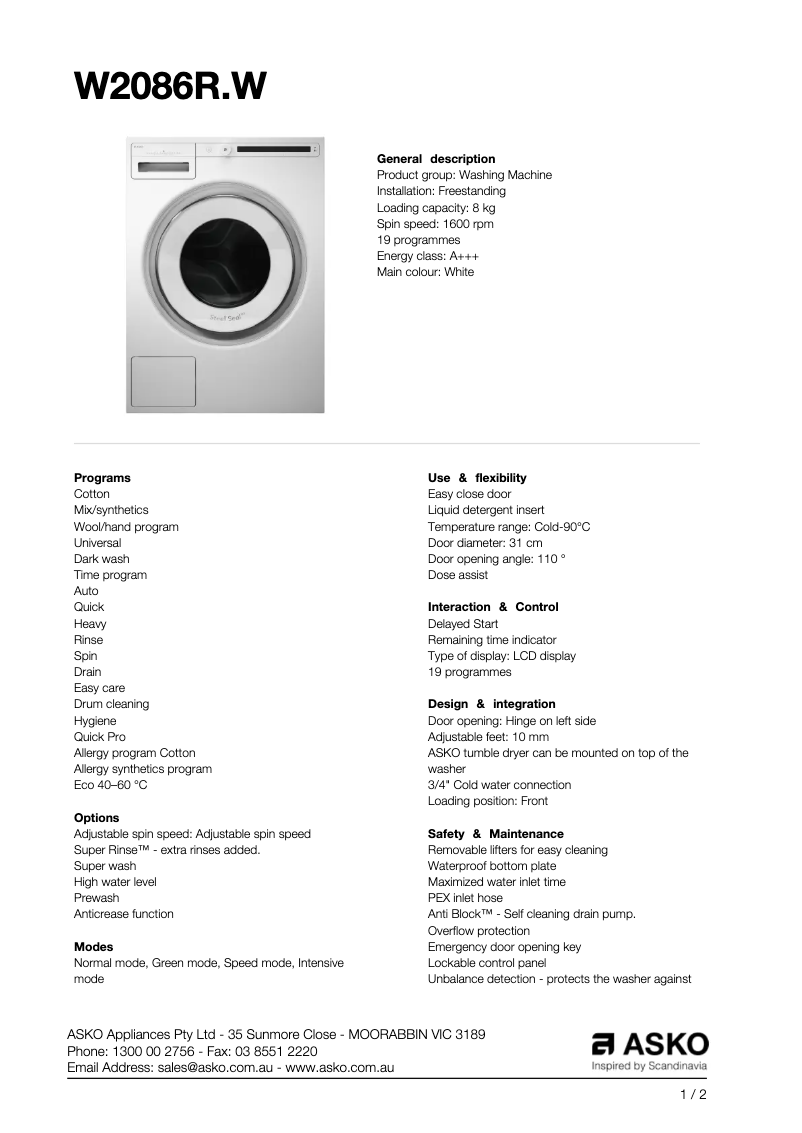 Page n°1 - Fiche technique Asko W2086R