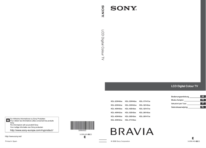 Page 1 de la notice Manuel utilisateur Sony Bravia KDL-46W4230