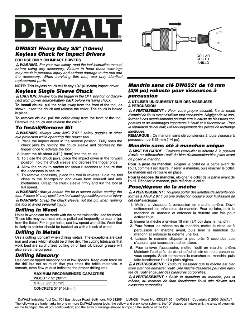 Page 1 de la notice Manuel utilisateur DeWalt DW0521