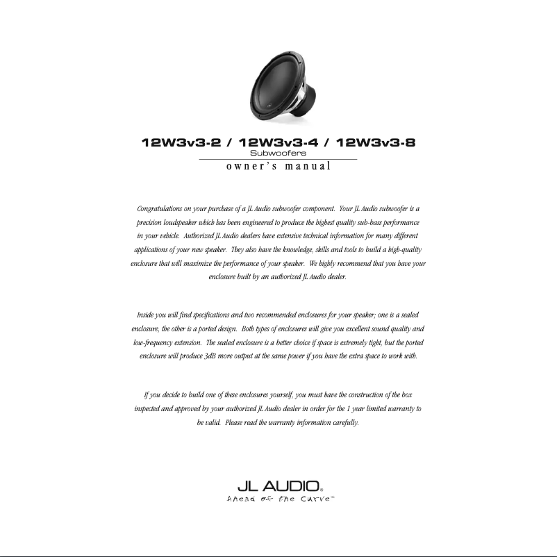 Page 1 de la notice Manuel utilisateur JL Audio W3