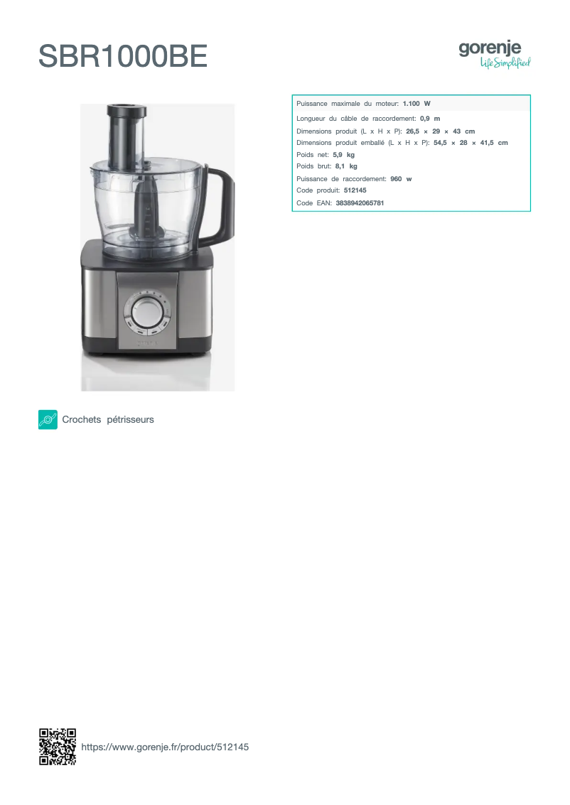 Page 1 de la notice Fiche technique Gorenje SBR1000BE