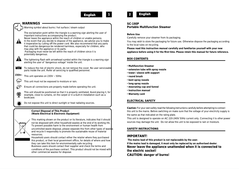 Page n°1 - Manuel utilisateur Roadstar SC-190P