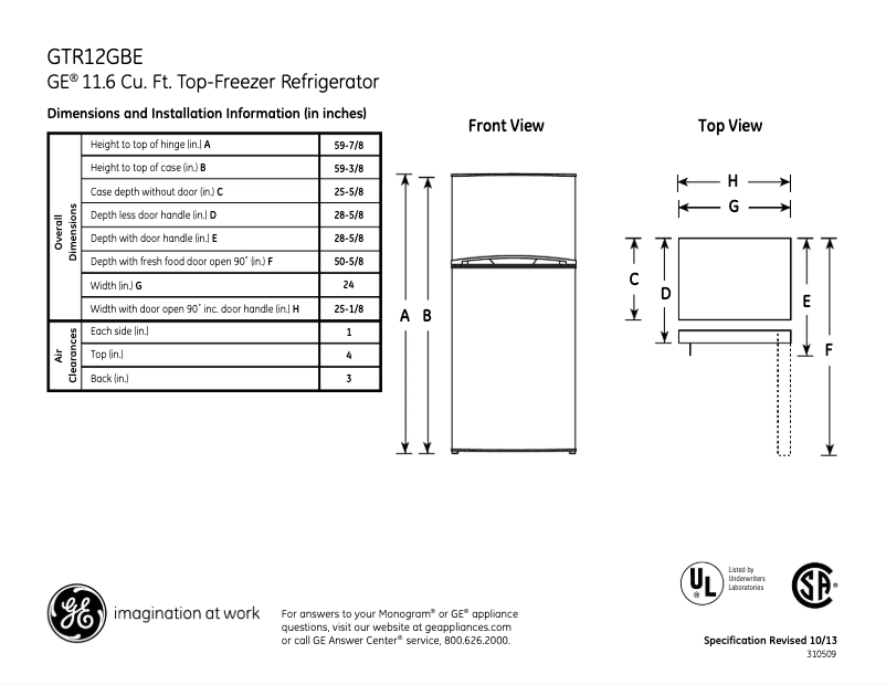 Page n°1 - Fiche technique GE GTR12GBEWW