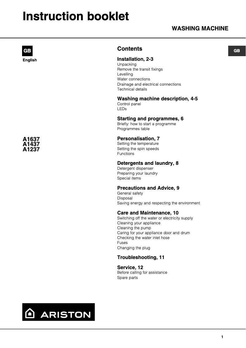 Image de la première page du manuel de l'appareil A1237