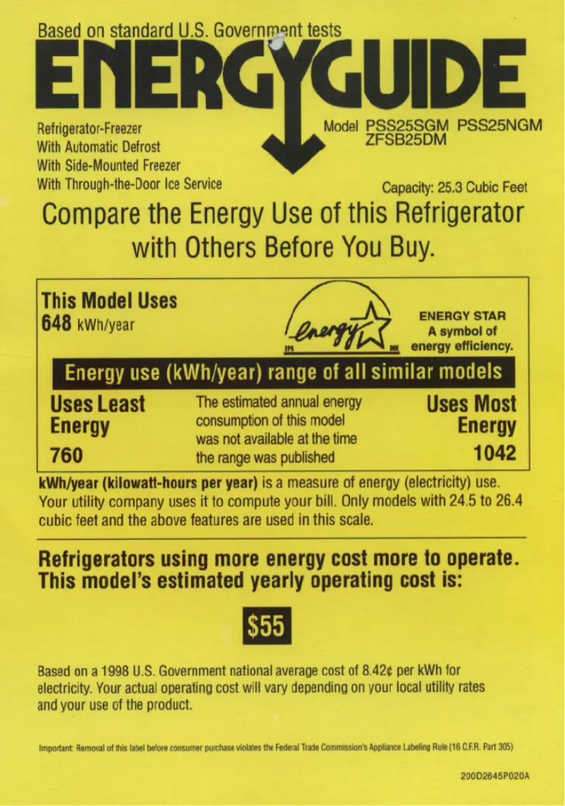 Page 1 de la notice Label énergétique GE ZFSB25DMSS