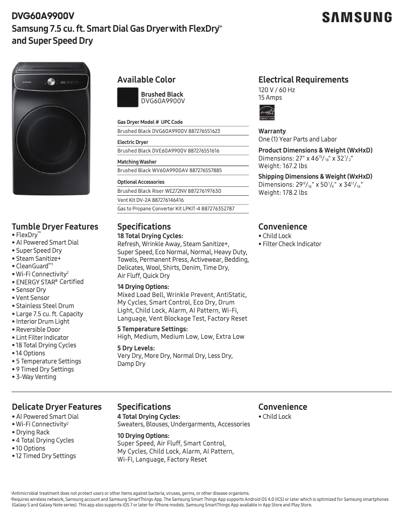 Page n°1 - Fiche technique Samsung DVG60A9900V