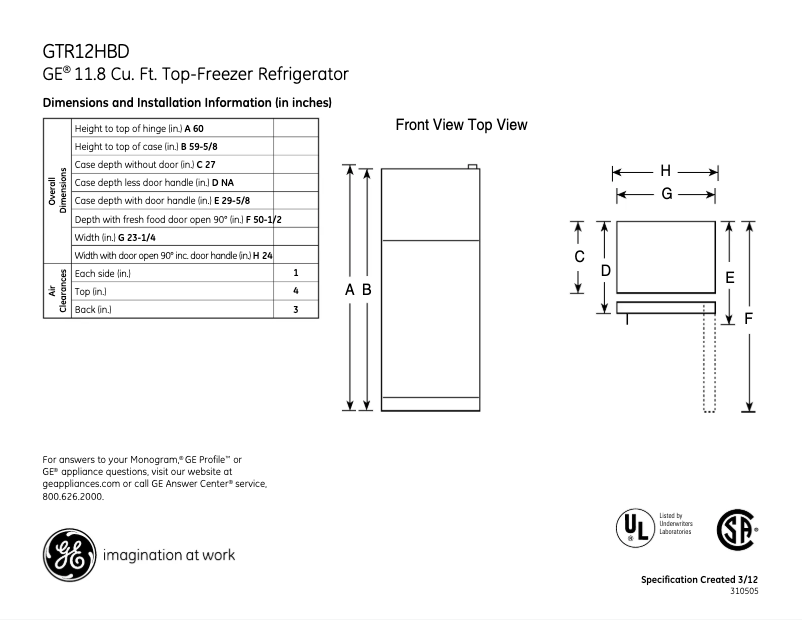 Image de la première page du manuel de l'appareil GTL12HBDBS