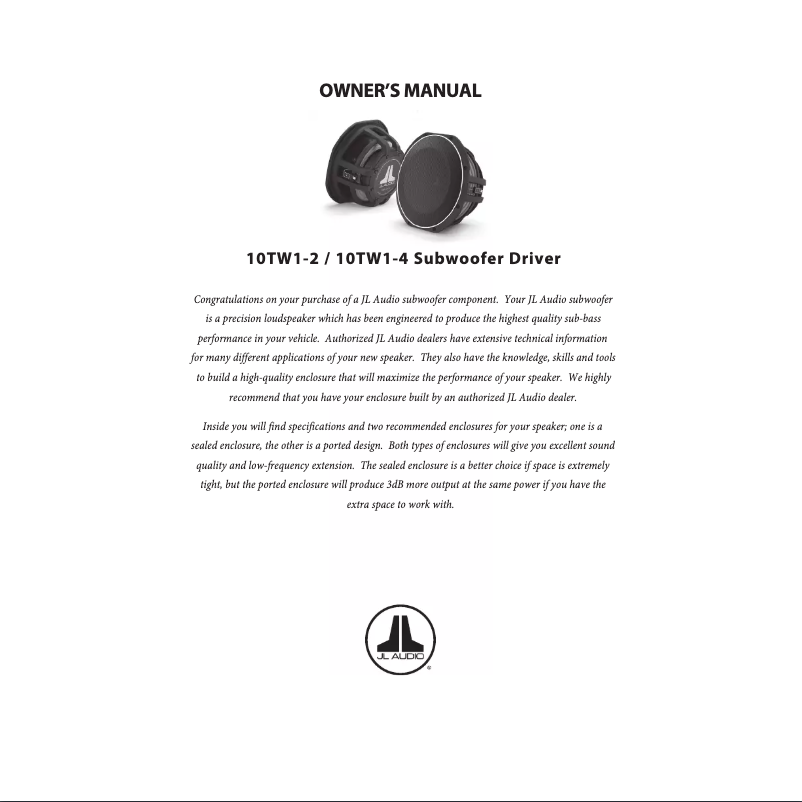 Page n°1 - Manuel utilisateur JL Audio 10TW1-2