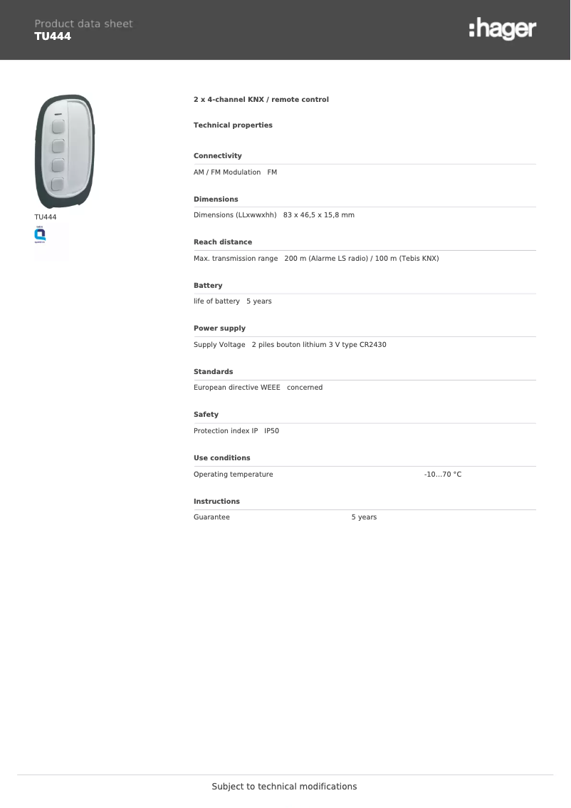 Page 1 de la notice Fiche technique Hager TU444