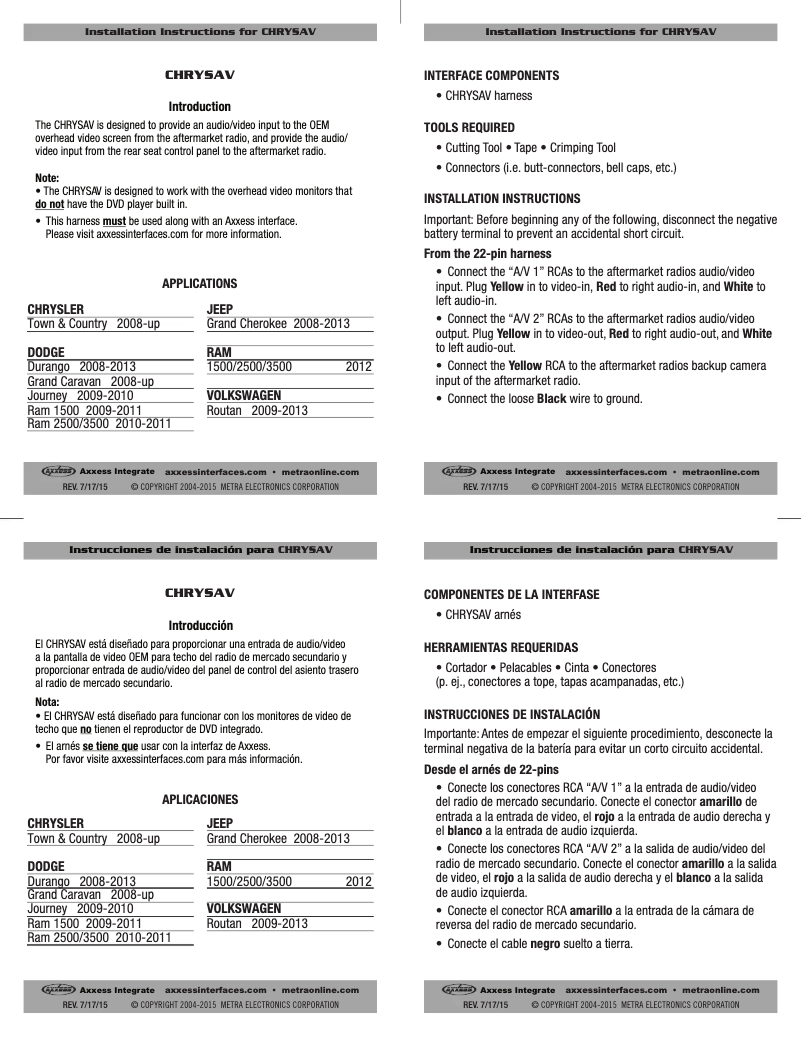 Page 1 de la notice Manuel utilisateur Axxess CHRYSAV