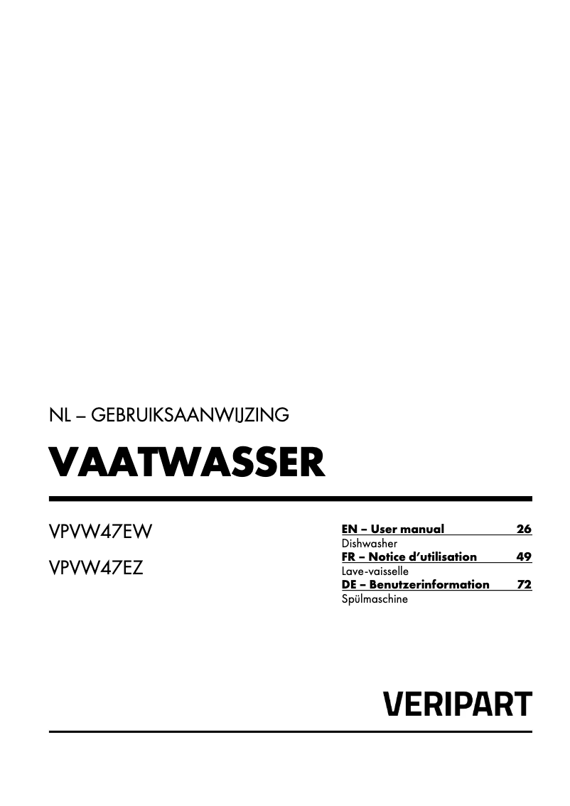 Page 1 de la notice Manuel utilisateur Veripart VPVW47EW