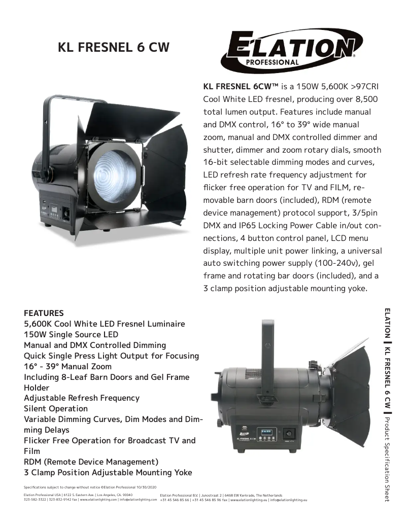 Page 1 de la notice Fiche technique Elation KL Fresnel 6 CW