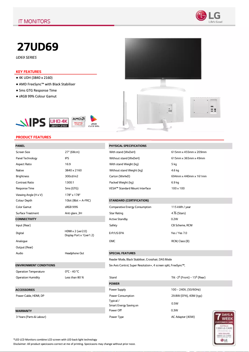 Página 1 del manual Ficha técnica LG 27UD69-W