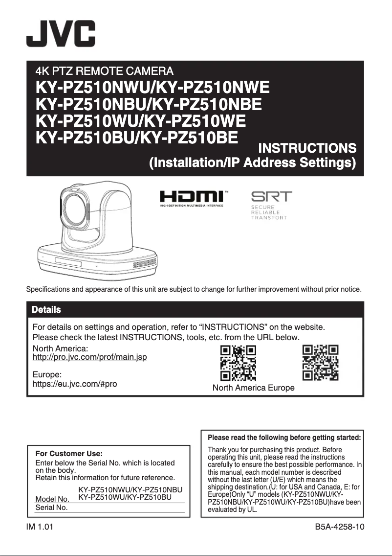 Page 1 de la notice Manuel utilisateur JVC KY-PZ510NWE