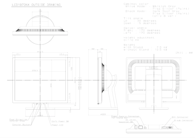 Page 1 de la notice Dessin technique NEC MultiSync LCD1970NXp