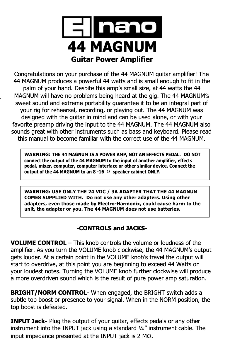 Page n°1 - Manuel utilisateur Electro Harmonix 44 Magnum