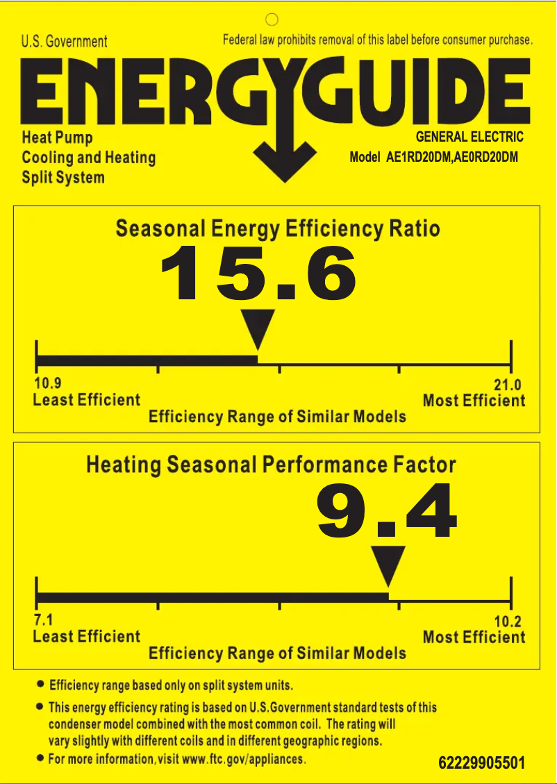 Page 1 de la notice Label énergétique GE AE0RD20DM