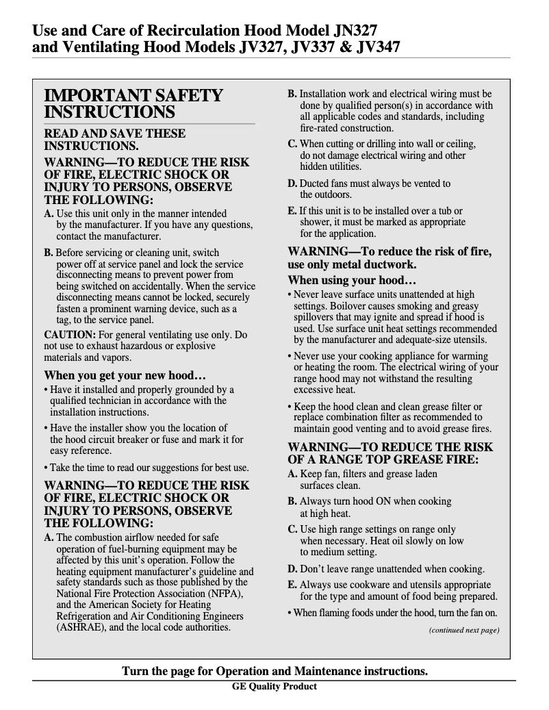 Page 1 de la notice Manuel d'utilisation et d'entretien GE JV337XAD