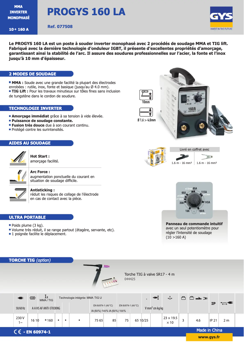 Page 1 de la notice Fiche technique GYS ProGYS 160 LA