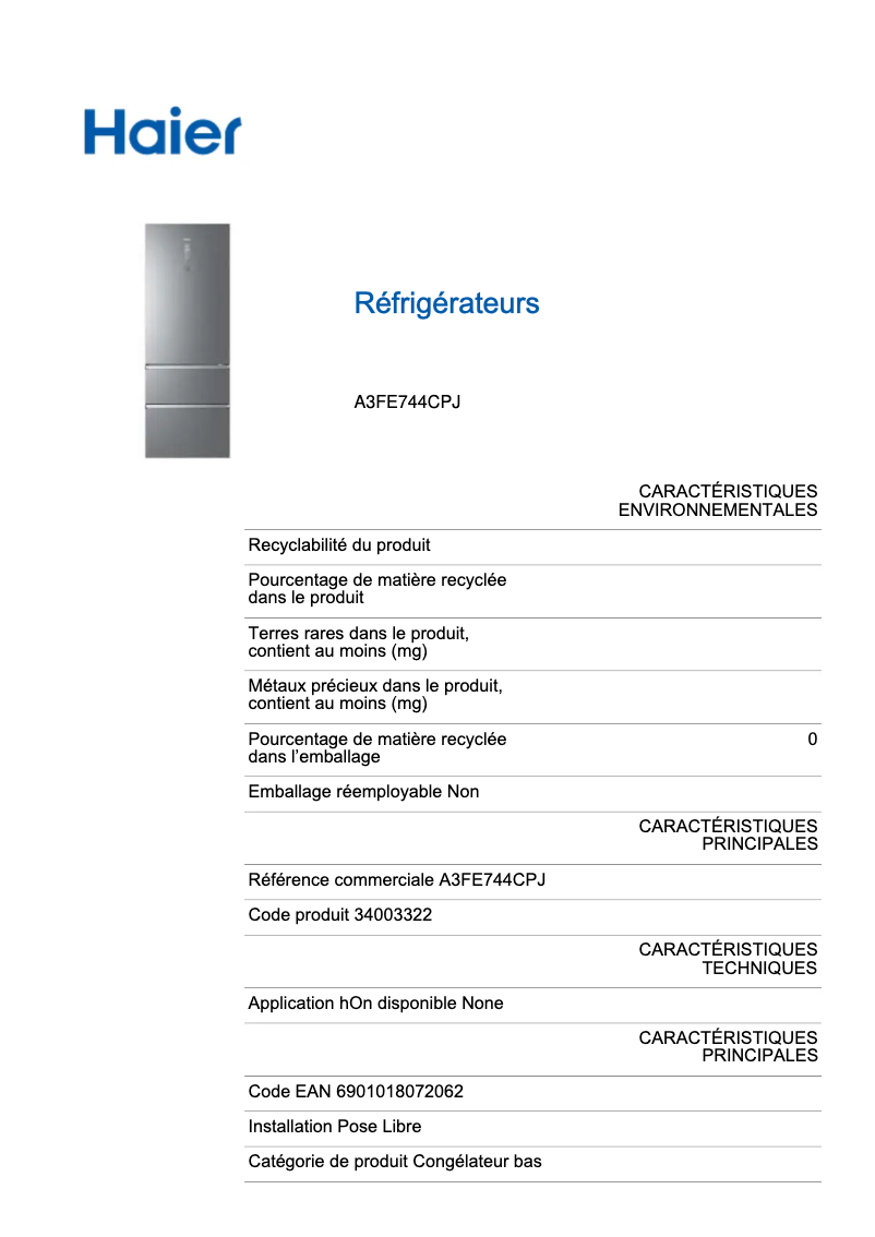 Page n°1 - Label énergétique Haier A3FE744CPJ