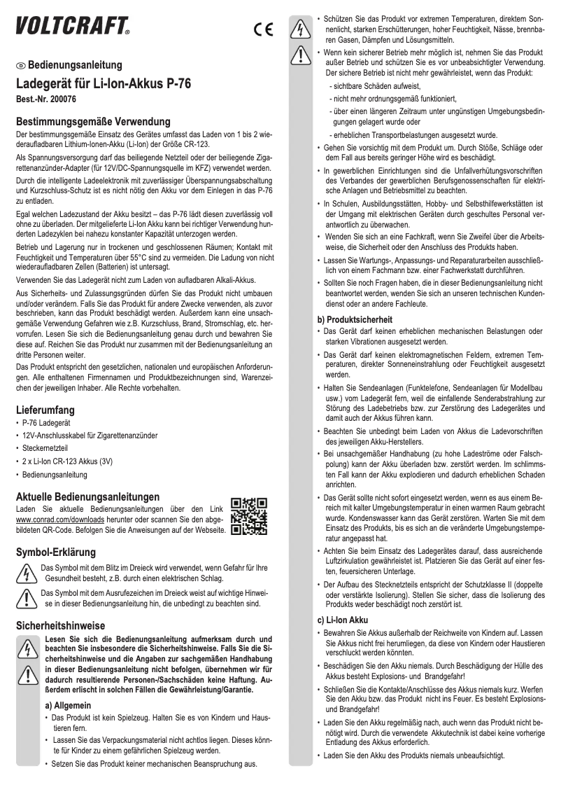 Page 1 de la notice Manuel utilisateur Voltcraft P-76