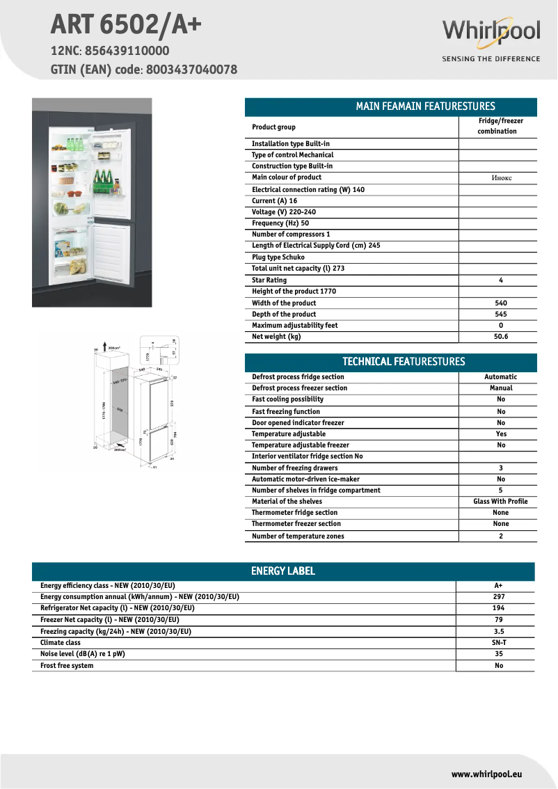 Página 1 del manual Ficha técnica Whirlpool ART 6502/A+