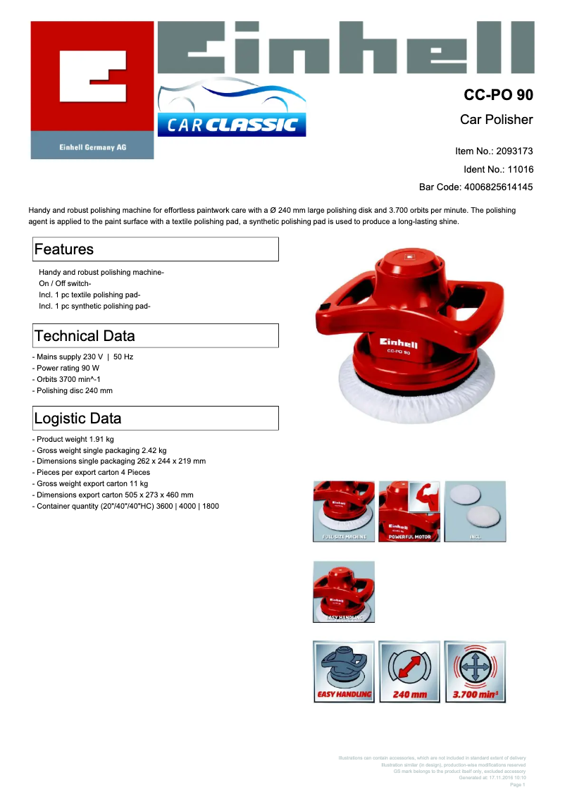 Page 1 de la notice Fiche technique Einhell CC-PO 90