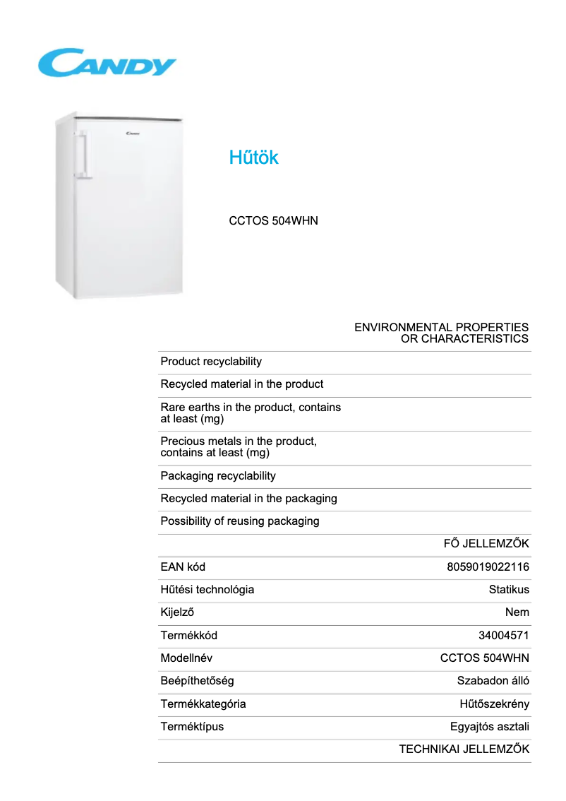 Page 1 de la notice Fiche technique Candy CCTOS 504WHN