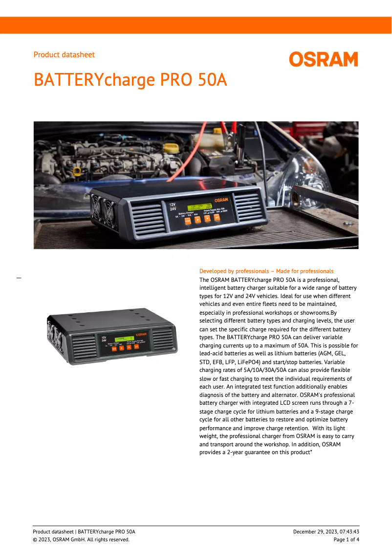 Page n°1 - Fiche technique Osram BATTERYcharge PRO 50A