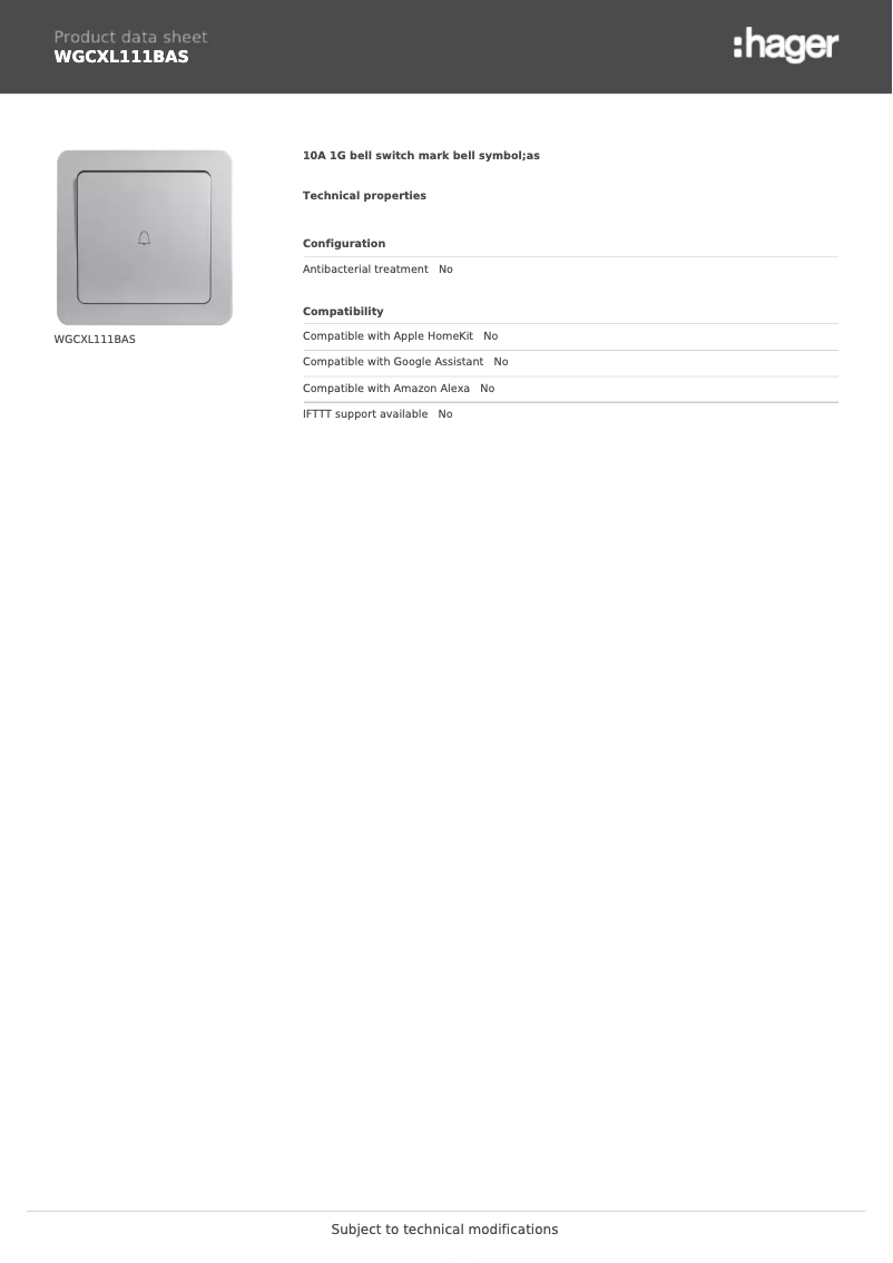 Page n°1 - Fiche technique Hager WGCXL111BAS