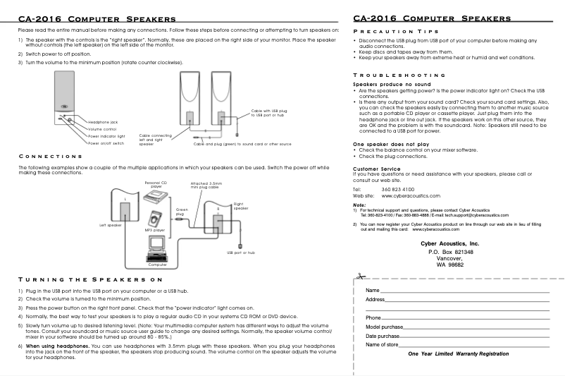 Page n°1 - Manuel utilisateur Cyber Acoustics CA-2016WB