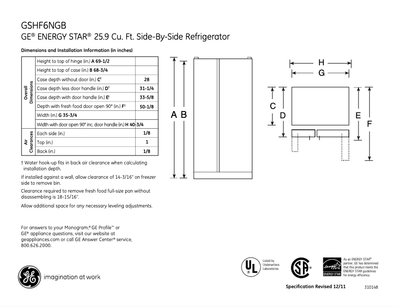 Página 1 del manual Ficha técnica GE GSHF6NGBBB