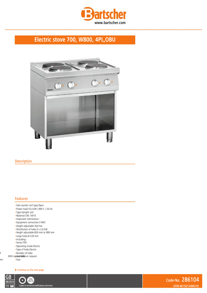 Page 1 de la notice Fiche technique Bartscher 286104