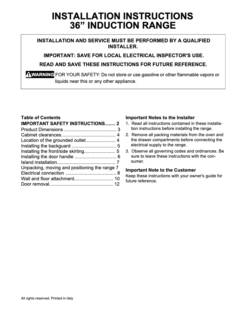 Page n°1 - Guide d'installation Frigidaire PCFI3668AF