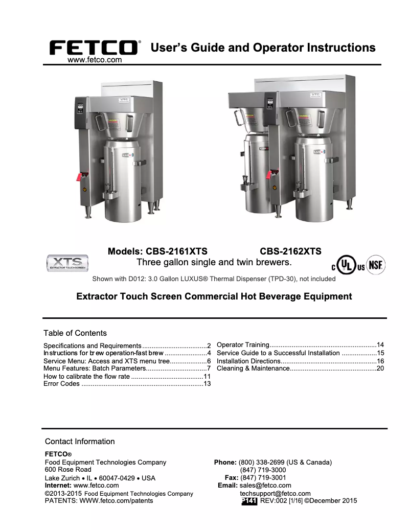 Page n°1 - Manuel utilisateur Fetco CBS-2162XTS