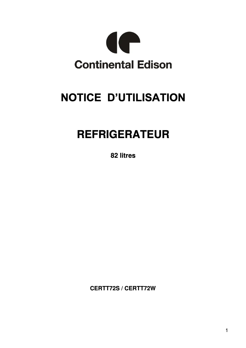 Page 1 de la notice Manuel utilisateur Continental Edison CERTT72W