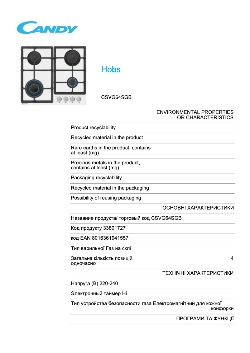 Page 1 de la notice Manuel utilisateur Candy CSVG64SGB