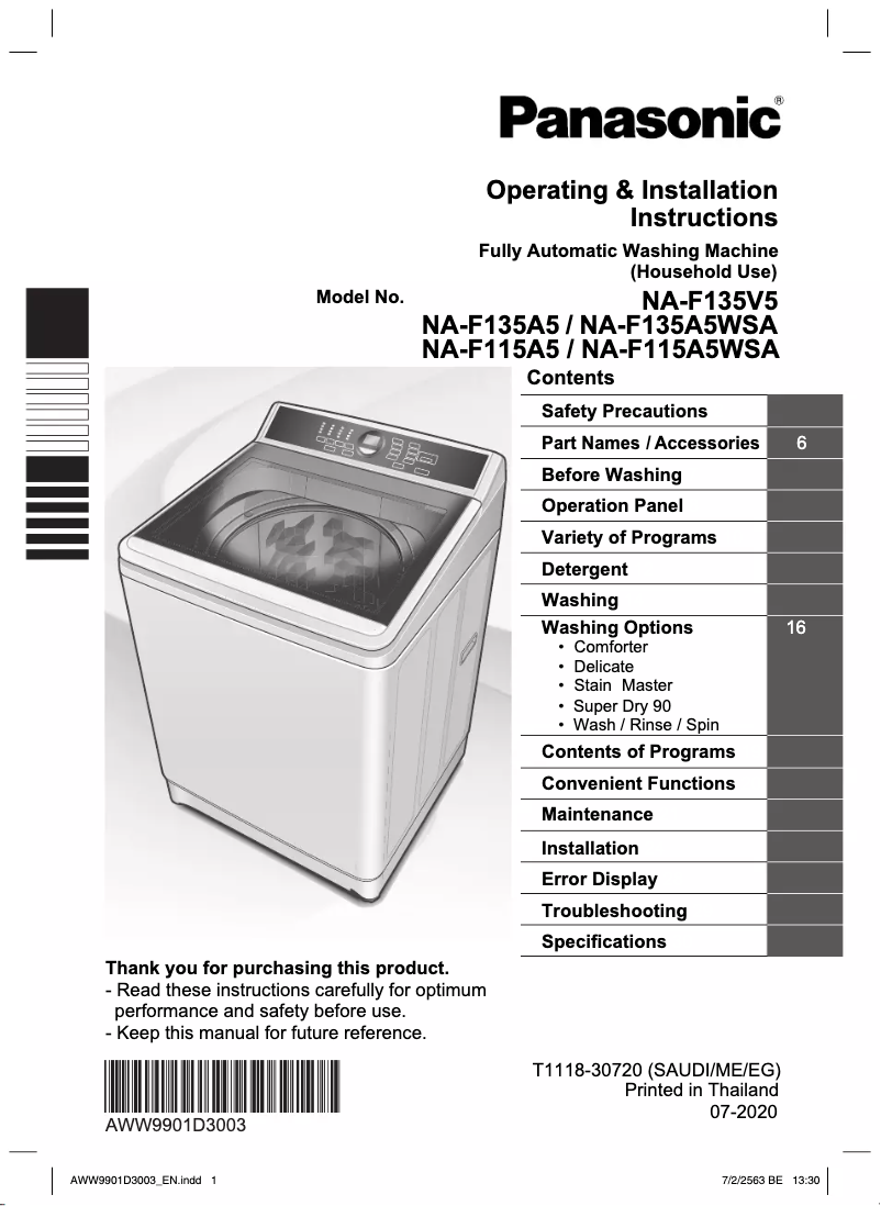 Page 1 de la notice Manuel utilisateur Panasonic NA-F135V5