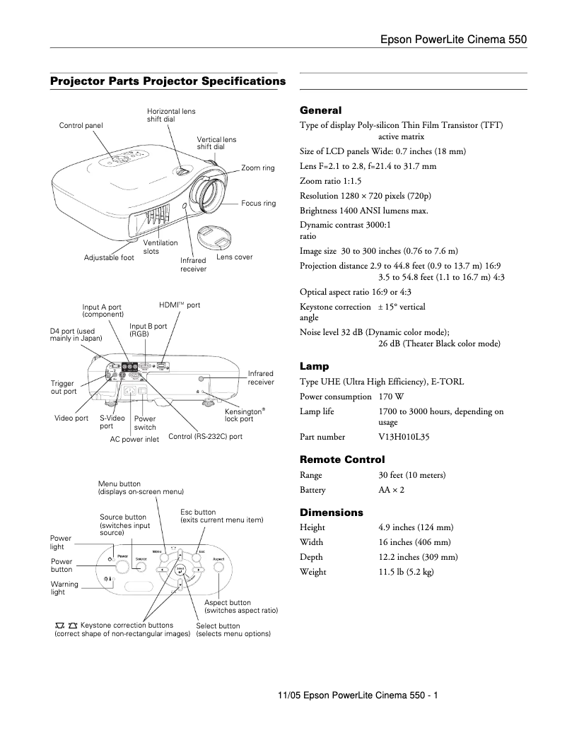 Page 1 de la notice Fiche technique Epson PowerLite Cinema 550