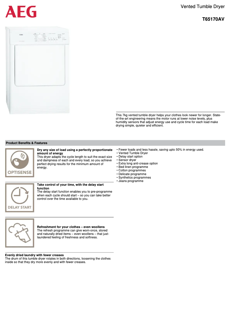 Page 1 de la notice Fiche technique AEG T65170AV