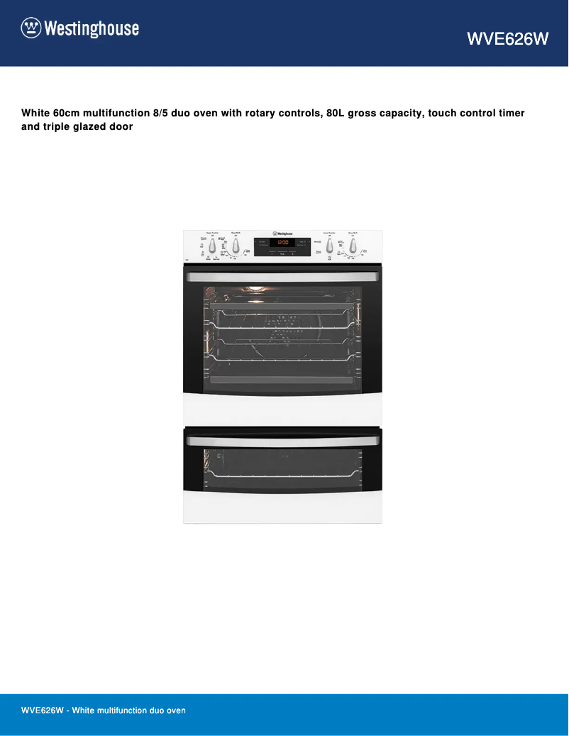 Page 1 de la notice Fiche technique Westinghouse WVE626W