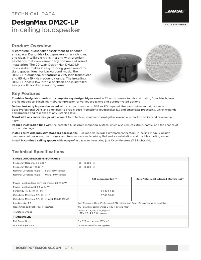 Page 1 de la notice Fiche technique Bose DesignMax DM2C-LP