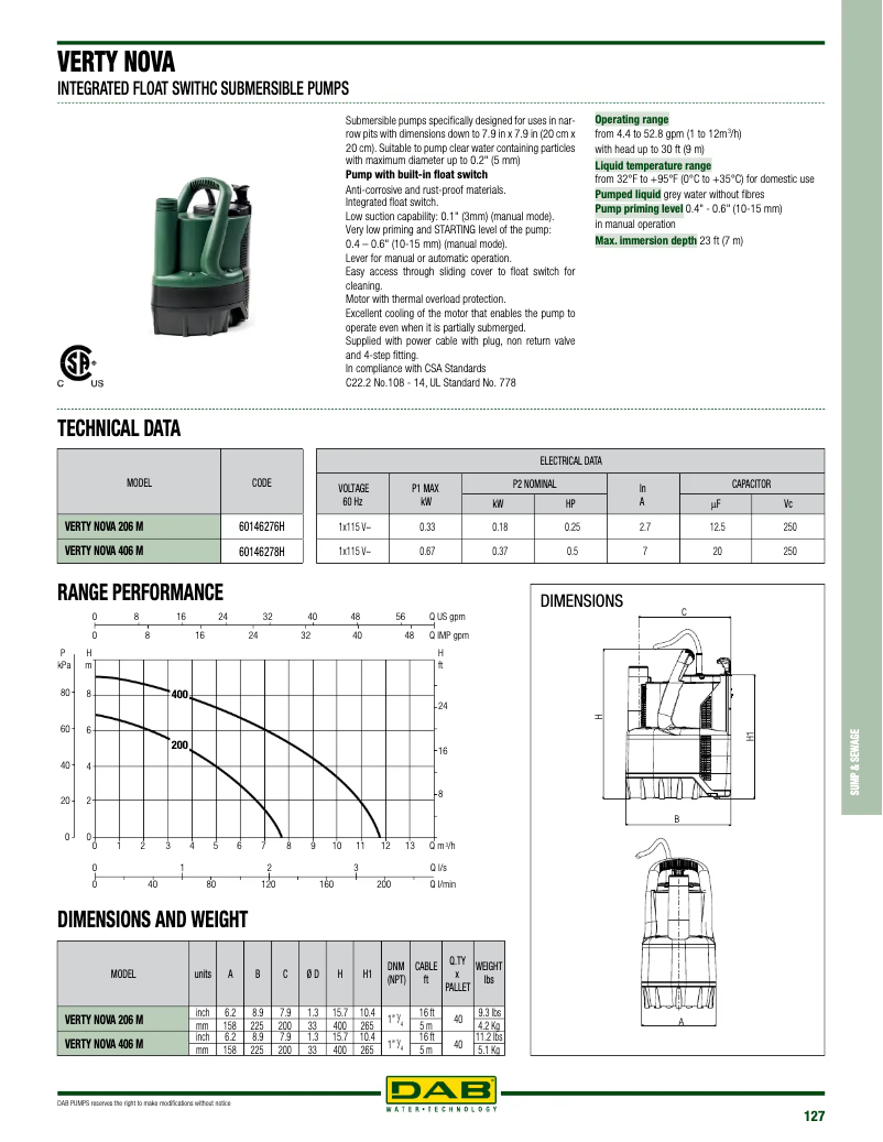 Page 1 de la notice Fiche technique DAB Verty Nova 200
