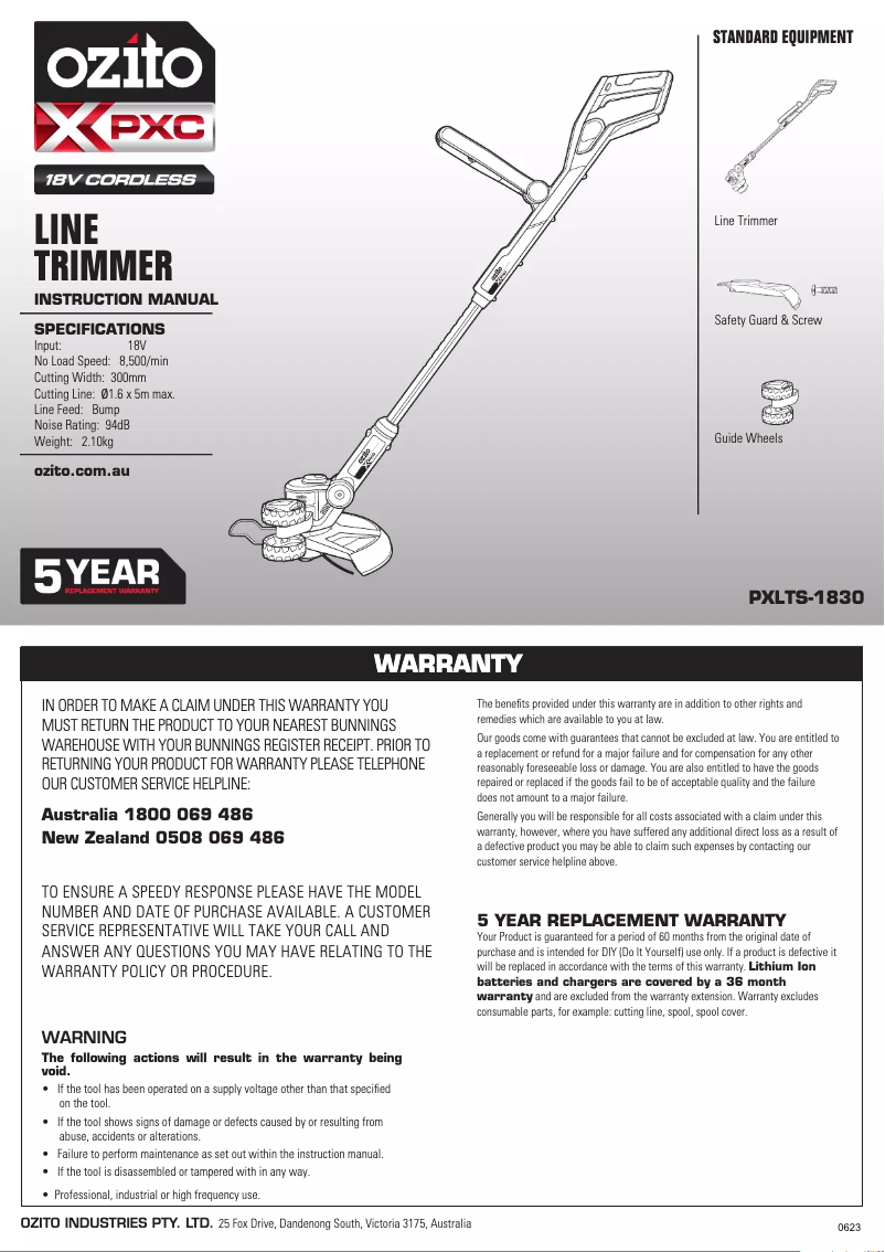 Page 1 de la notice Manuel utilisateur Ozito PXLTS-1830