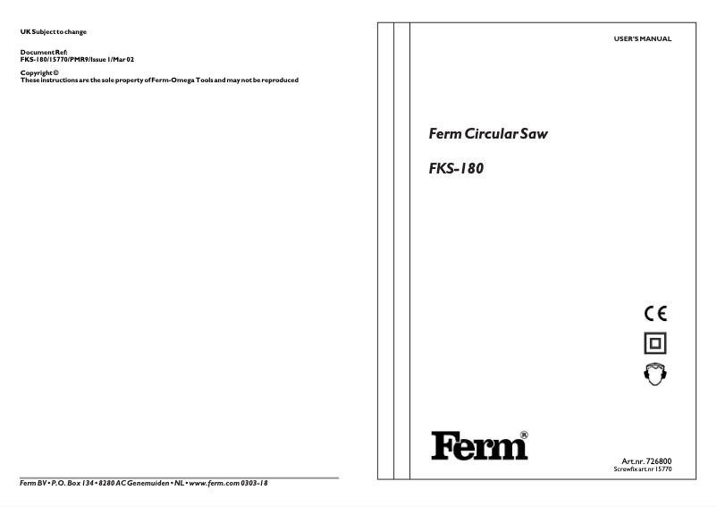 Page 1 de la notice Manuel utilisateur Ferm FKS-180