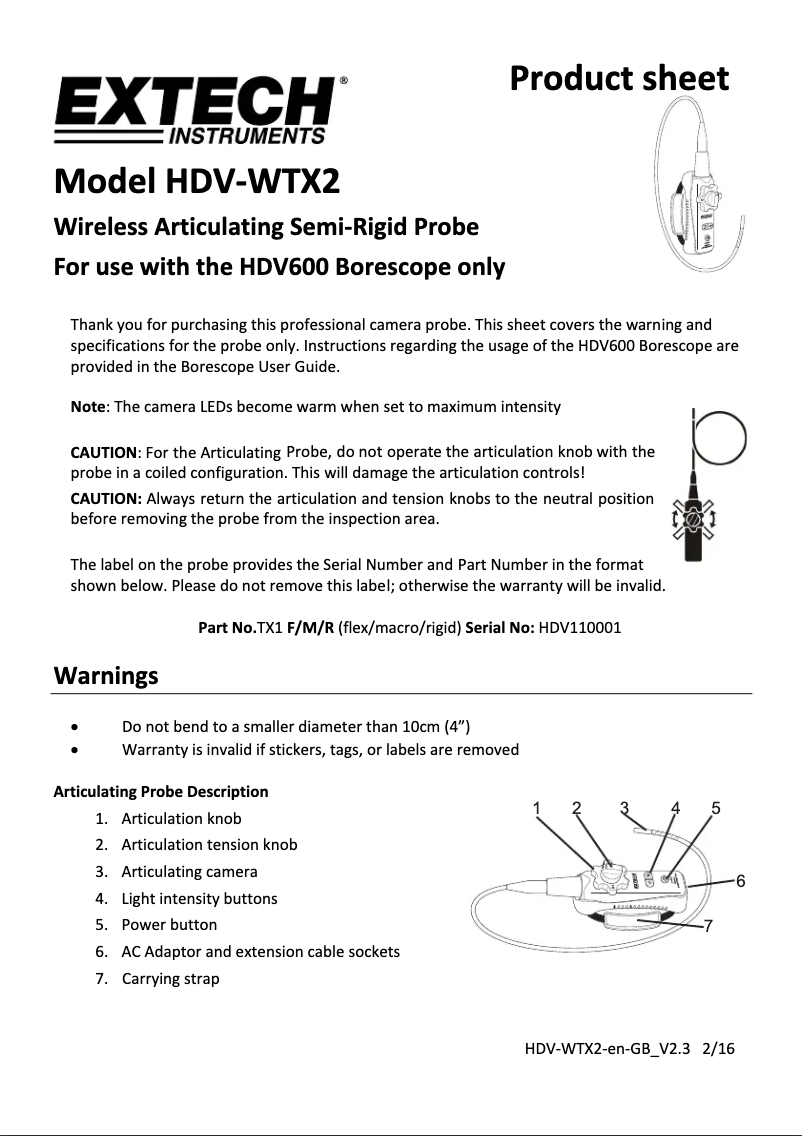 Page 1 de la notice Manuel utilisateur Extech HDV-WTX2