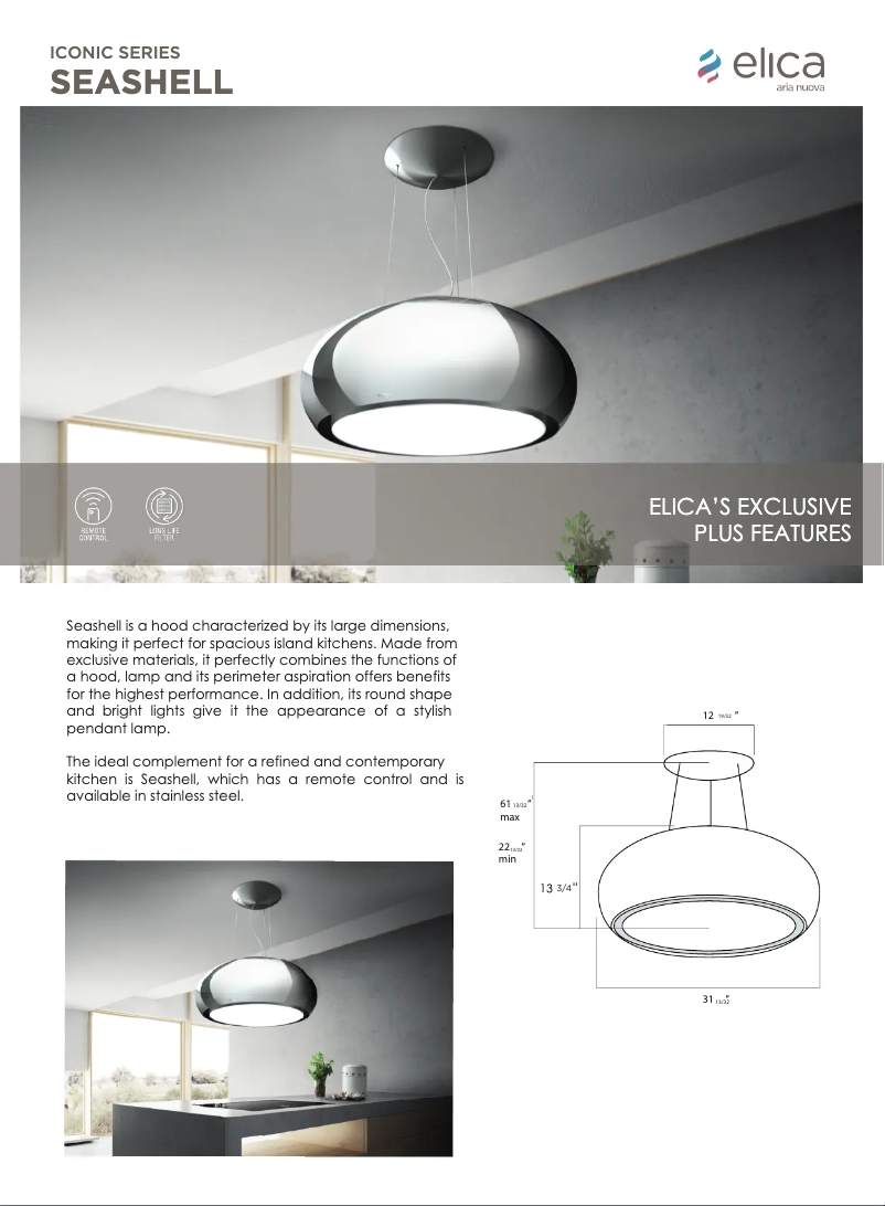 Page 1 de la notice Fiche technique Elica SEASHELL PRF0098394
